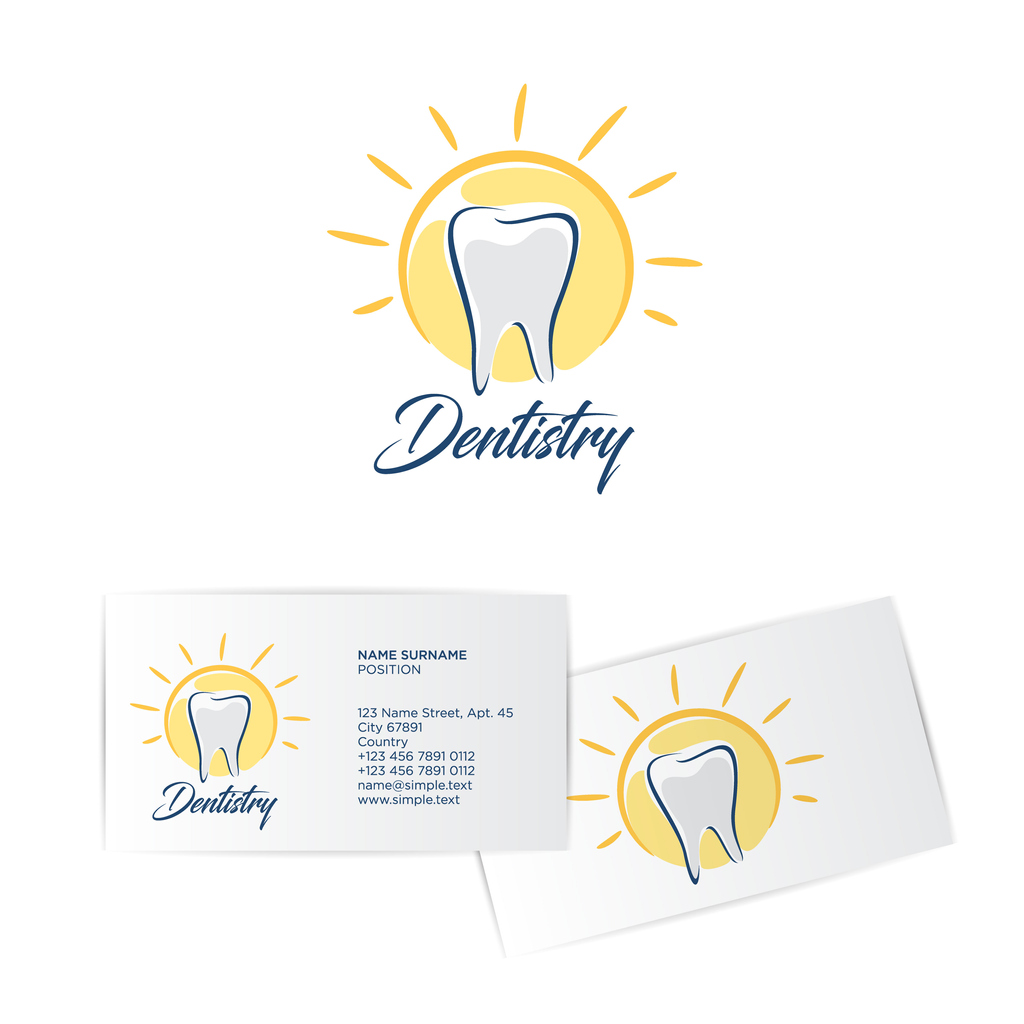 Dentistry logo. Tooth and sun with rises. Dentist business card.